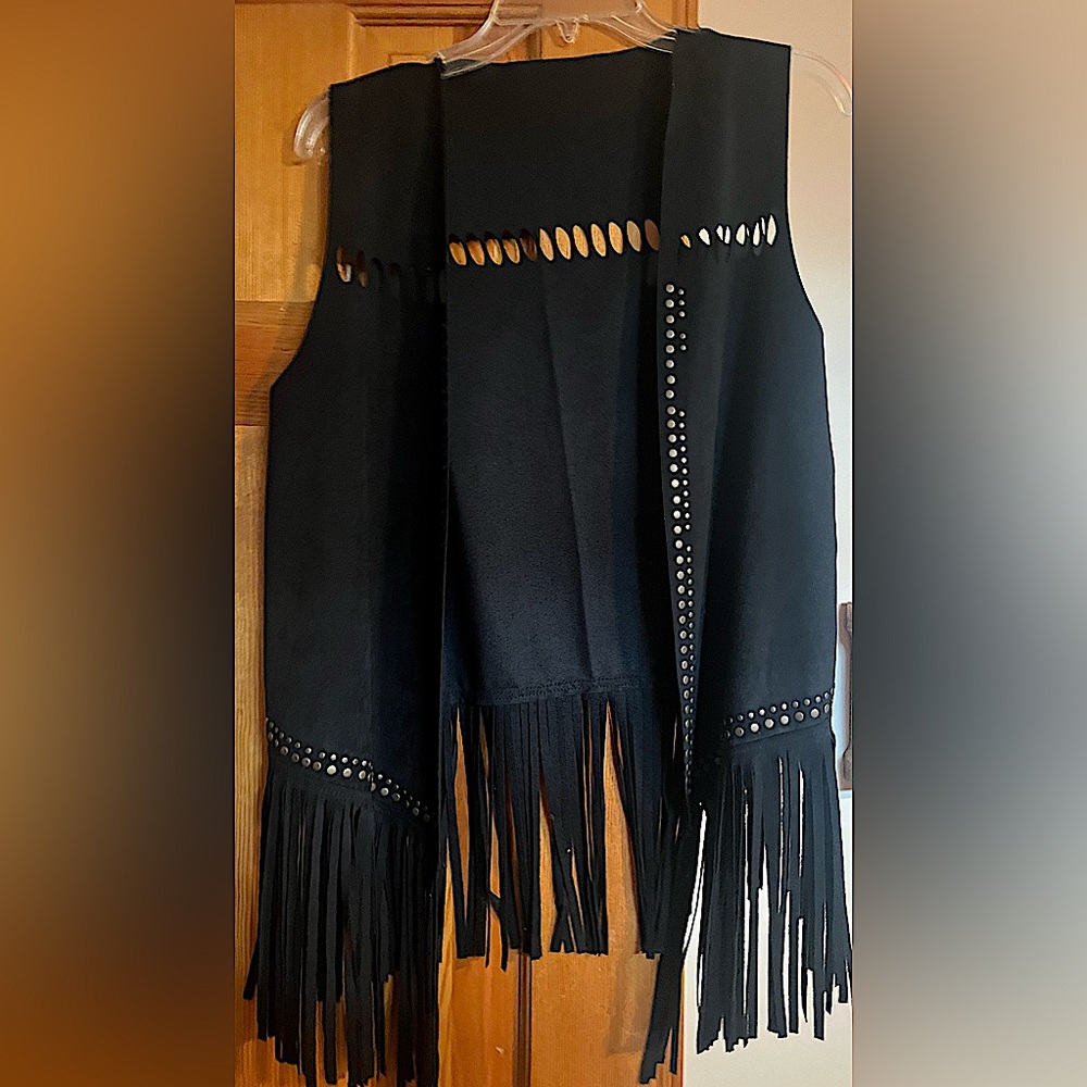 Woman’s NEW never worn black suede fringe studded vest